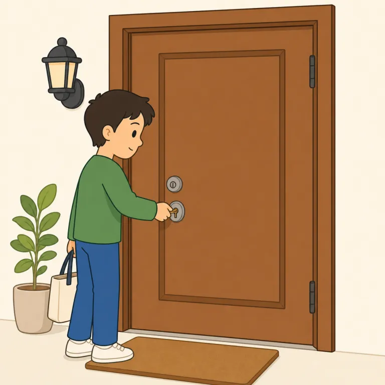don't forget to lock the door（施錠を忘れずに）の覚え方イラスト — 「don't forget to ...」は「〜するのを忘れないで」という注意・念押しの定型チャンクとして丸ごと覚えると強い表現