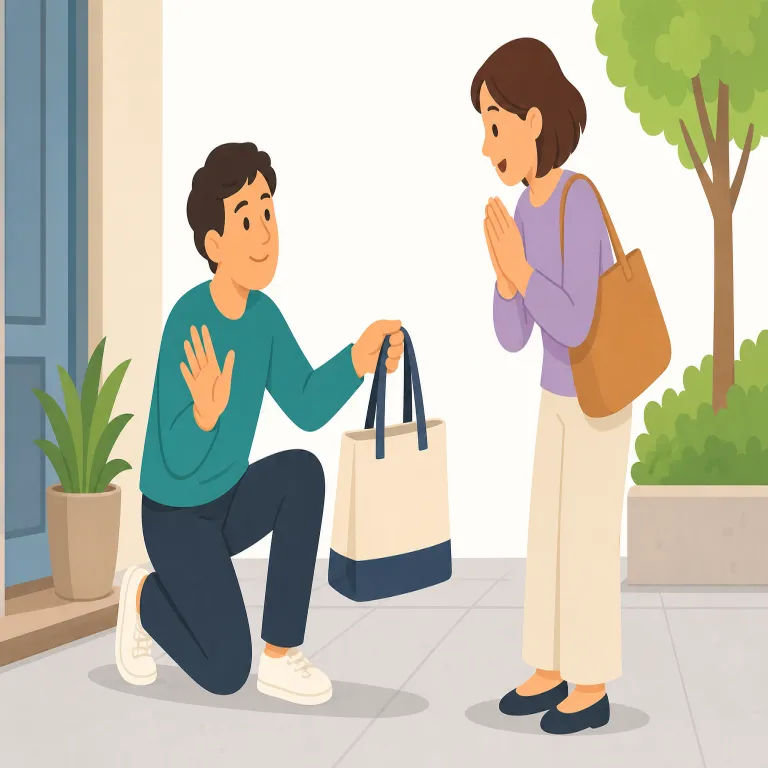 don't mention it（とんでもないです・イディオム）の覚え方イラスト — この意味では、相手の感謝や褒め言葉を受けて「そんな、とんでもないです」と控えめに打ち消す返答として覚えます