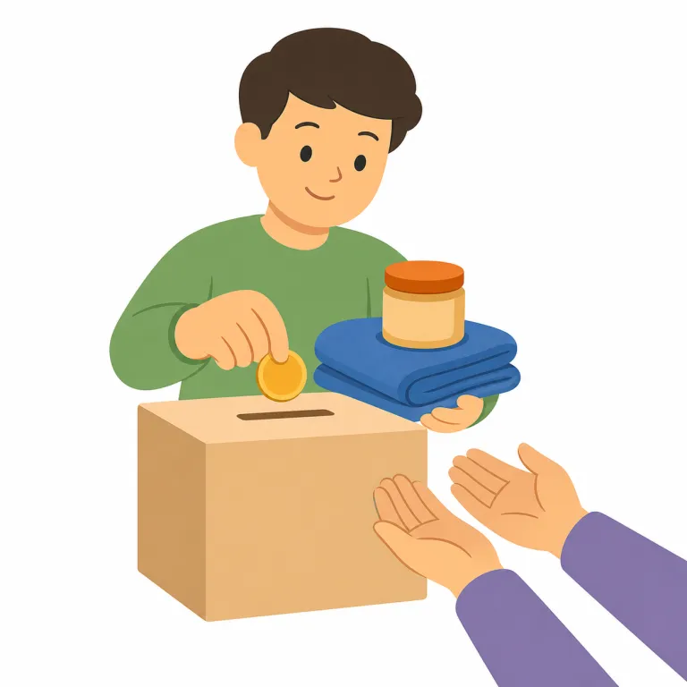 donate（寄付する・動詞）の覚え方イラスト — donate は「寄付する」の意味で、donation「寄付」や donor「寄付者」と同じ語族です