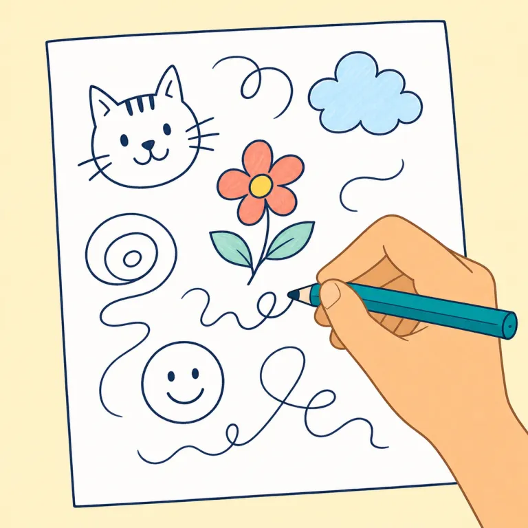doodle（落書き・名詞）の覚え方イラスト — sketch は何かを描こうとして描く下描き、doodle は話を聞きながら手が勝手に動いてできる落書き、という差で覚えると定着しやすい