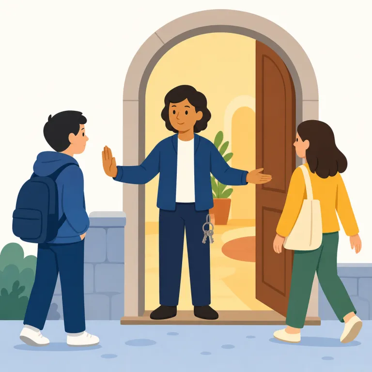 doorkeeper（門番・名詞）の覚え方イラスト — これは doorkeeper の「玄関番」という基本義とは別に、門や敷地の出入口を守る「門番」として覚える用法です