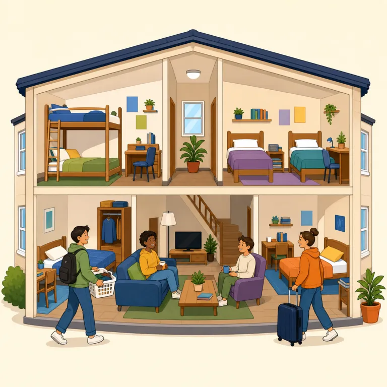 dorm（寮・名詞）の覚え方イラスト — dorm は dormitory の略で、大学や学校の「寮」を指す日常語