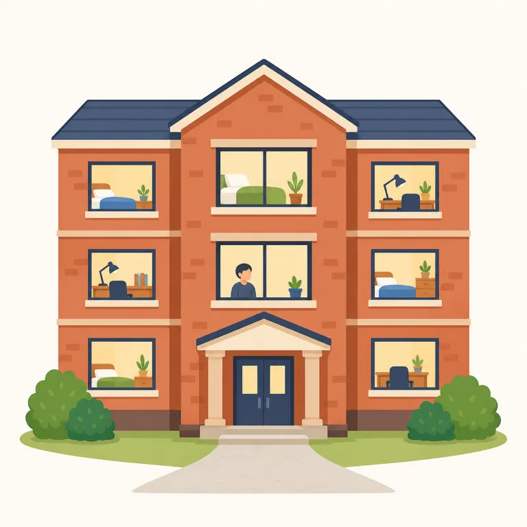 dormitory（寮・名詞）の覚え方イラスト — dormitory は dorm と短く言うことが多く、大学・学校・職場などで複数の人が寝泊まりし、共同生活を送る建物を指します