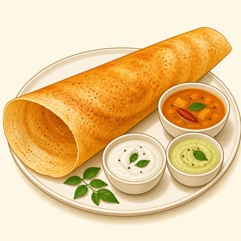 dosa（ドーサ・名詞）の覚え方イラスト — dosa は単独で意味を分解するより、インド料理店のメニューの固まりで覚えると残りやすい語です