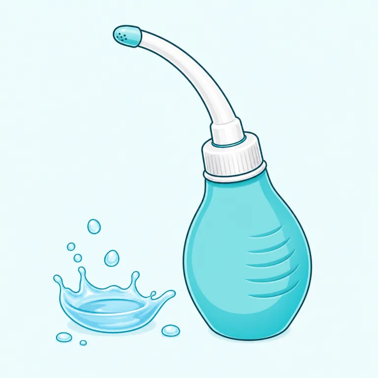 douche（洗浄器、洗浄・名詞）の覚え方イラスト — まず `wash` や `shower` のような広い「洗う」ではなく、`flush` に近い「液体を注いで内部を洗い流す」場面を思い浮かべると定着しやすい語です