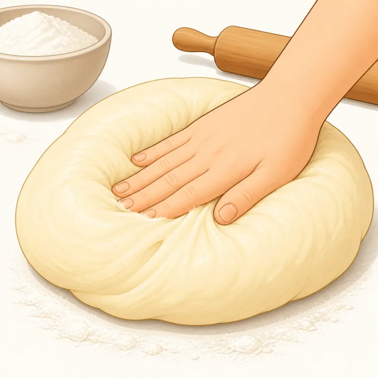 doughy（生地のように柔らかくねっとりした・形容詞）の覚え方イラスト — まず dough を cookie dough や bread dough の「生地」として押さえると、-y は「〜っぽい」なので doughy はそのまま「…