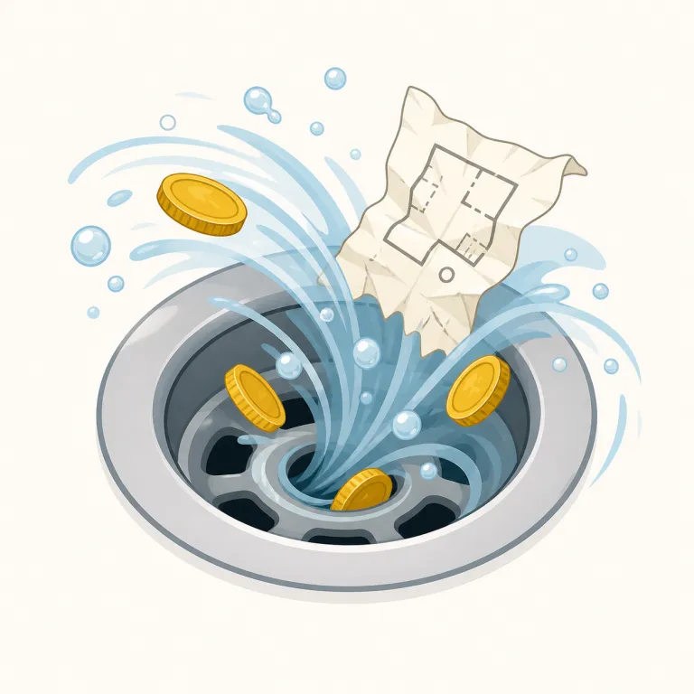 down the drain（水の泡・イディオム）の覚え方イラスト — この「水の泡」は、努力や準備が最終的に成果にならず、期待していた結果が消えてしまう場面を表す比喩として覚えます
