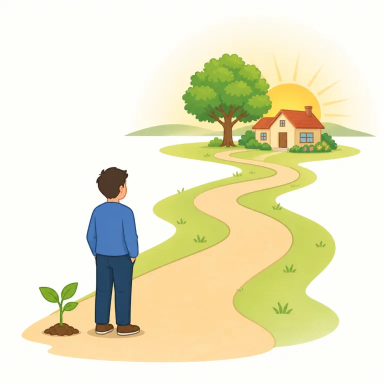 down the road（この道の先に・イディオム）の覚え方イラスト — road を文字どおり「道」として捉えると覚えやすい表現です
