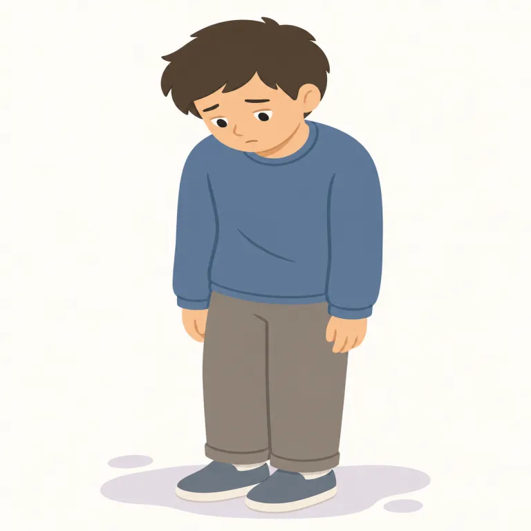 downcast（意気消沈した・形容詞）の覚え方イラスト — この downcast は「意気消沈した、しょんぼりした」という感情の形容です