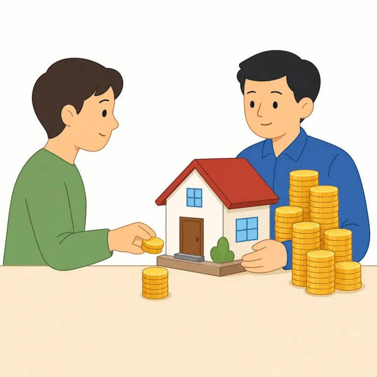 downpayment（頭金・名詞）の覚え方イラスト — downpayment は down + payment と分け、住宅や車など高額な購入で最初に入れる「頭金」として覚えます