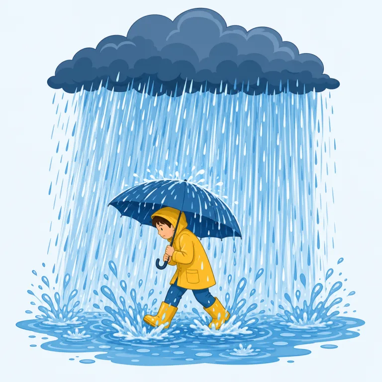 downpour（土砂降り・名詞）の覚え方イラスト — `pour` が「どっと注ぐ」なので、`downpour` は「上から下へ一気に注がれる雨」と捉えると残りやすい語です