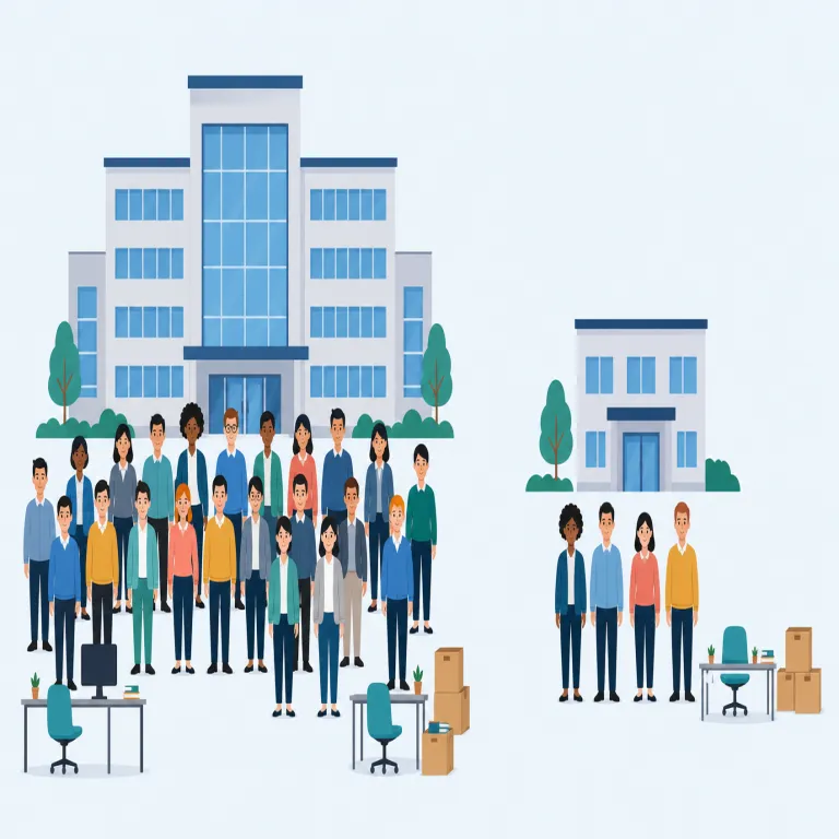 downsizing（人員削減、組織縮小・名詞）の覚え方イラスト — まず size が「規模」、down が「下げる」と分かれば、会社の規模を下げる動きだと連想しやすい語です