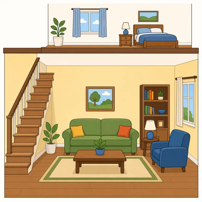 downstairs（階下へ、階下で・副詞）の覚え方イラスト — down「下へ」+ stairs「階段」なので、視点は「階段を下りる動き」か「下りた先にいる状態」にあります