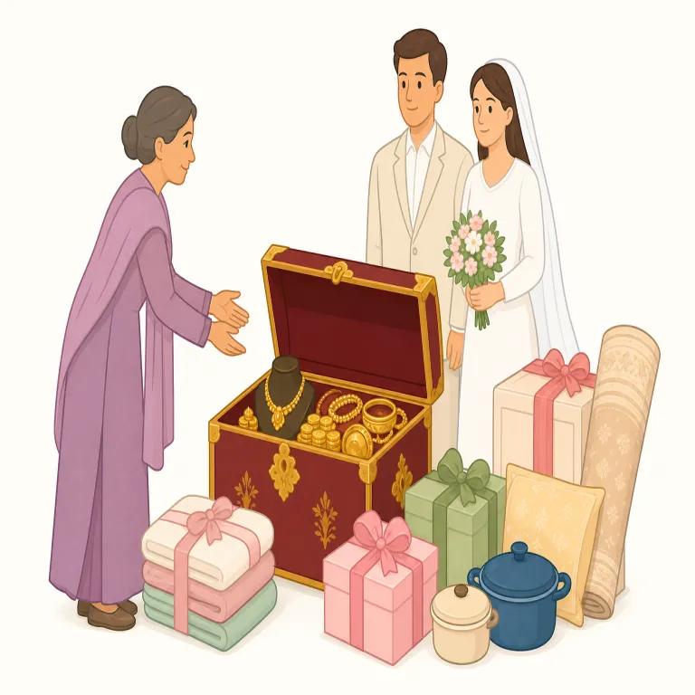 dowry（持参金・名詞）の覚え方イラスト — 結婚の場面に強く結びつけて覚える語
