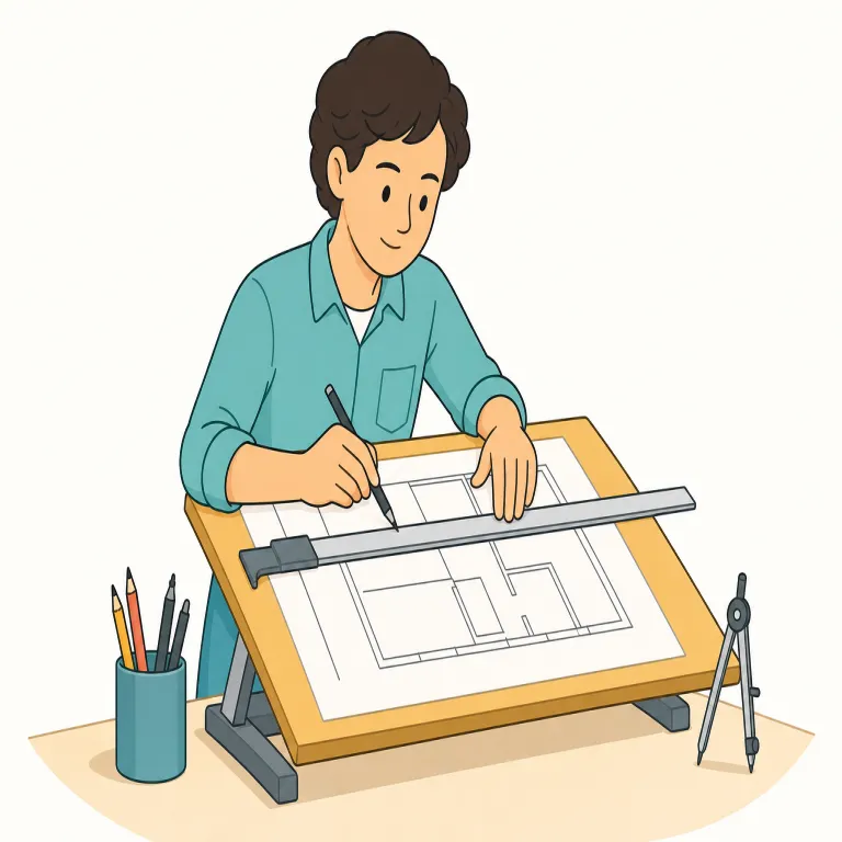 drafter（製図者・名詞）の覚え方イラスト — この意味の drafter は、文章の「起草者」ではなく、建築・機械・製造などで設計内容を技術図面にする人です