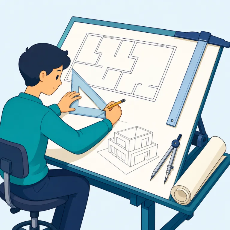 drafting（製図・名詞）の覚え方イラスト — draft を「下書き・草案」で知っていれば、drafting は「完成前に線や寸法をきちんと起こす作業」とつなげると覚えやすいです