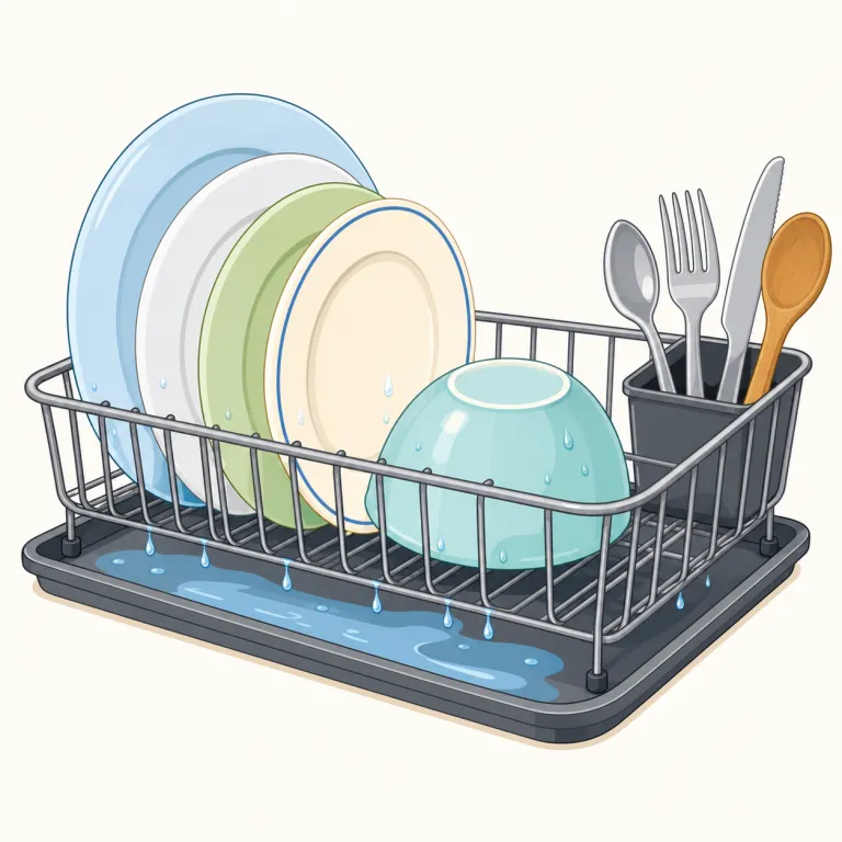 drainer（水切り・名詞）の覚え方イラスト — この意味の drainer は、台所で洗った食器や野菜の水を落とすための「水切り」を指します