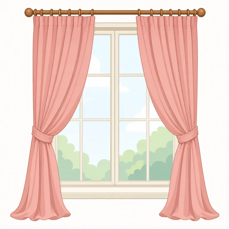 drapery（カーテン・名詞）の覚え方イラスト — drapery は drape「布をゆったり垂らす」から、部屋や窓を覆って雰囲気を作る布製のカーテン類を思い浮かべると覚えやすいです
