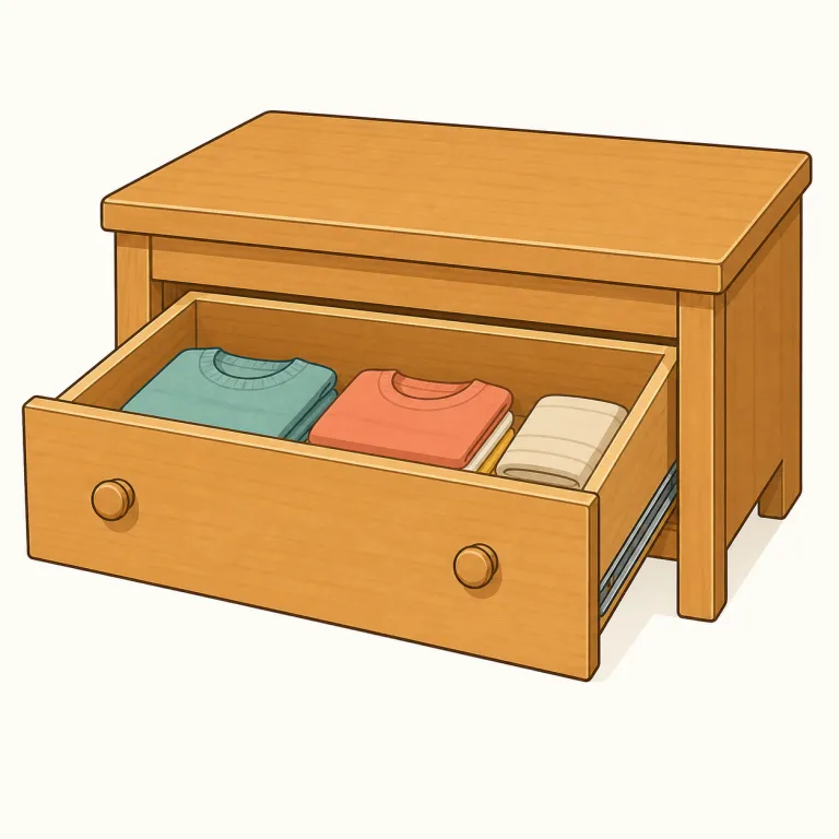 drawer（引き出し・名詞）の覚え方イラスト — drawer「引き出し」は draw「引く」に -er が付いた語で、「手前に引いて開けるもの」と考えるとつづりと意味がつながります