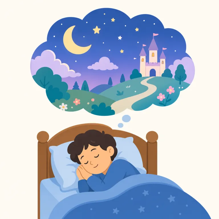 dream（夢・名詞）の覚え方イラスト — dream は名詞では「眠っている間に心に現れる場面」として覚えると自然です