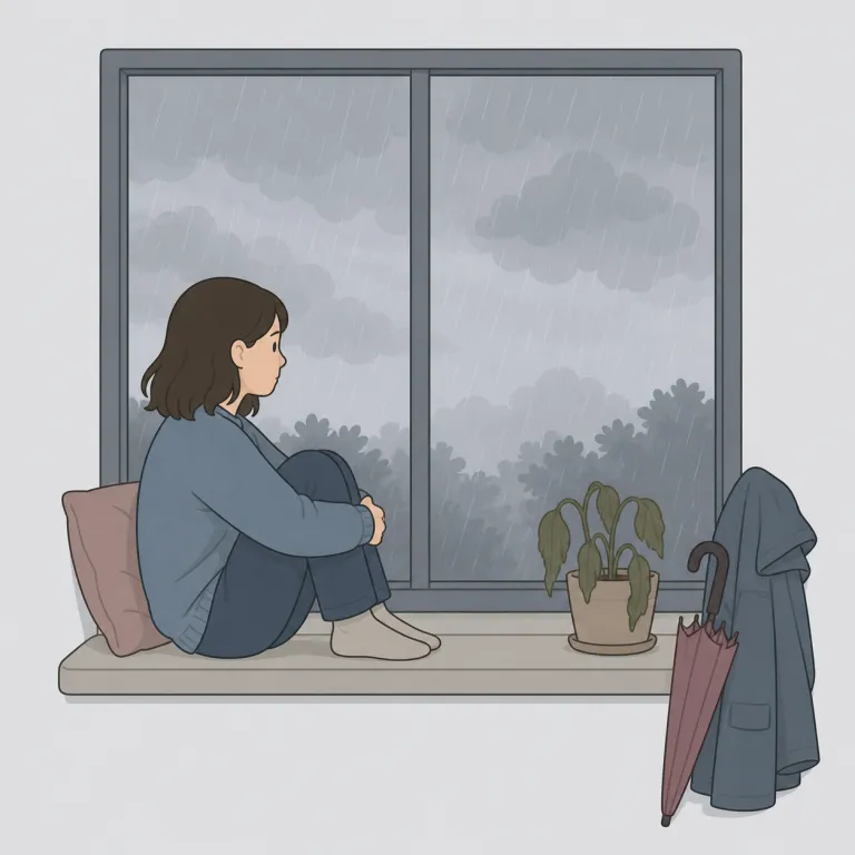dreary（憂鬱な・形容詞）の覚え方イラスト — この dreary は「憂鬱な、陰鬱な」という意味で、気分を沈ませる天気・景色・場所・一日などを表します
