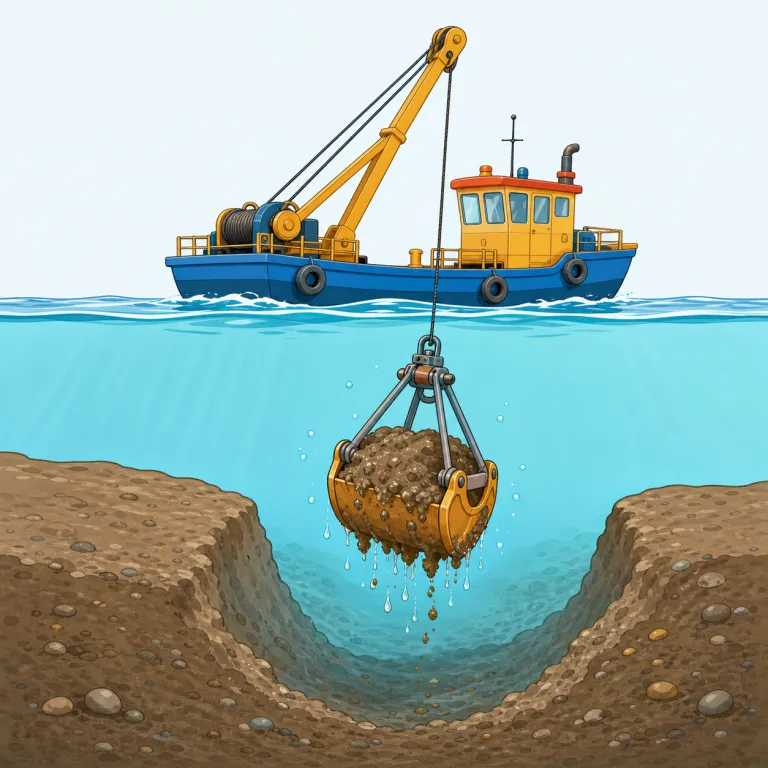 dredge（浚渫する・動詞）の覚え方イラスト — 「ドレッジ」という音を、泥をどれっとすくい上げる場面と結びつけて覚えましょう