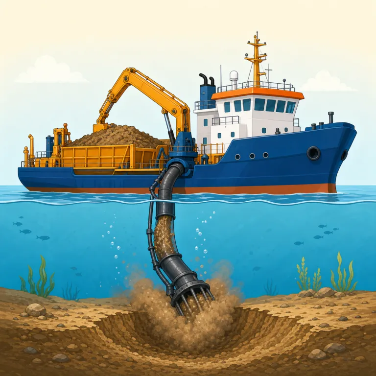 dredger（浚渫船・名詞）の覚え方イラスト — dredger は dredge「川底・港の泥をさらう」＋ -er「〜するもの」