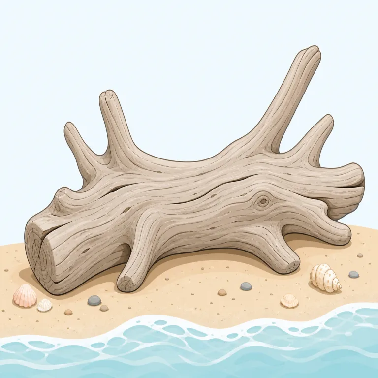 driftwood（流木・名詞）の覚え方イラスト — drift は「風や水に押されて少しずつ流れる」、wood は「木」
