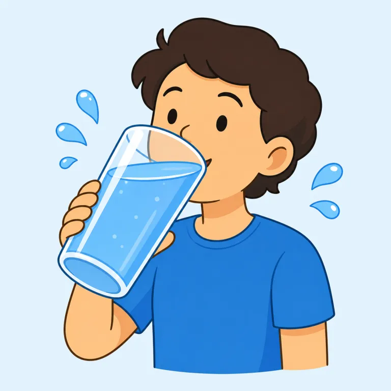 drink plenty of water（水をたっぷり飲む・イディオム）の覚え方イラスト — drink は基本動詞、plenty of は「十分にたくさんの」というかたまりで覚えると処理しやすい