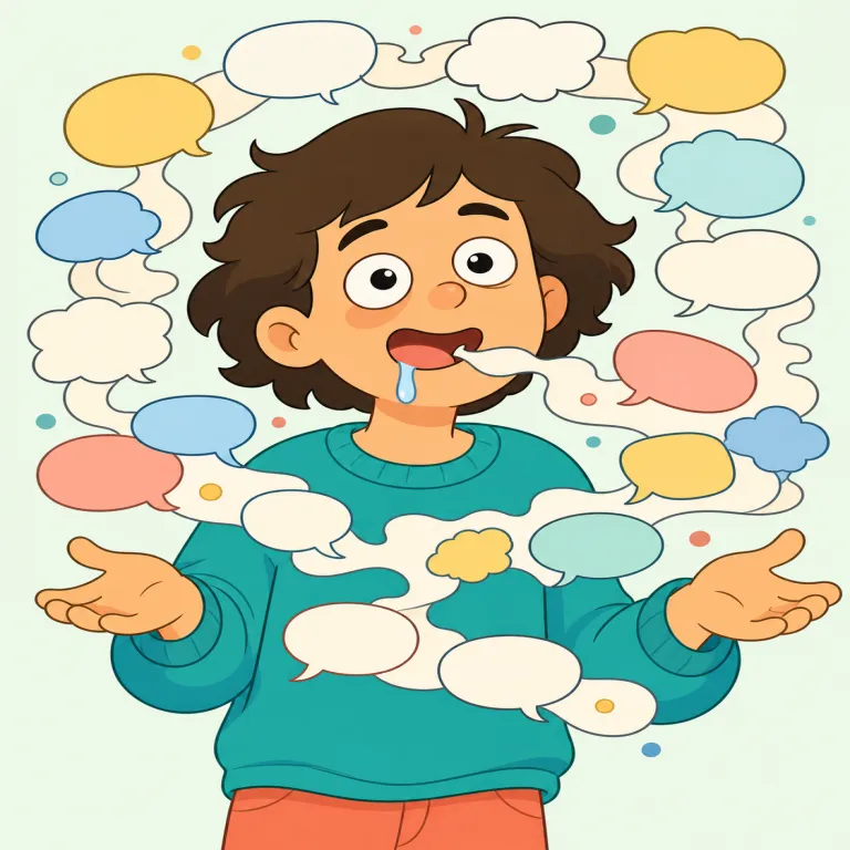 drivel（たわごと・名詞）の覚え方イラスト — 名詞の drivel は「口から流れ出た、しまりのない言葉のかたまり」とイメージすると覚えやすい