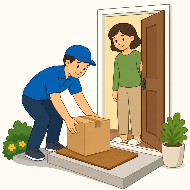 drop off（届ける・句動詞）の覚え方イラスト — この「届ける」の drop off は、物を正式に発送するというより、途中で目的地に寄って置いていく感じを表します