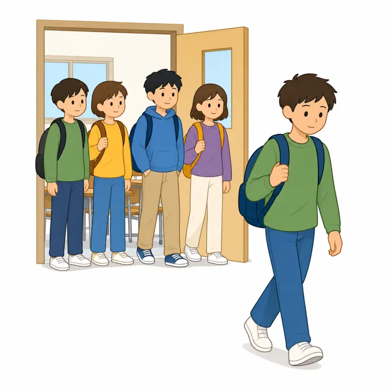drop out（中退する・句動詞）の覚え方イラスト — drop out は drop「落ちる」+ out「外へ」で、流れや集団の外へ落ちる場面を思い浮かべると定着しやすい