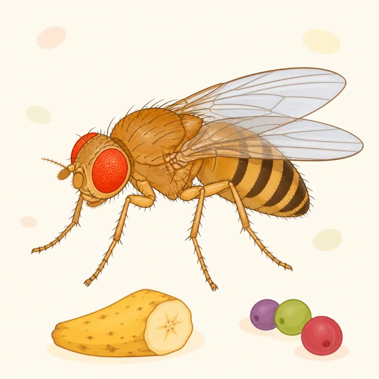 drosophila（ショウジョウバエ・名詞）の覚え方イラスト — まず fruit fly（果物に寄る小さなハエ）とセットで覚えると定着しやすいです