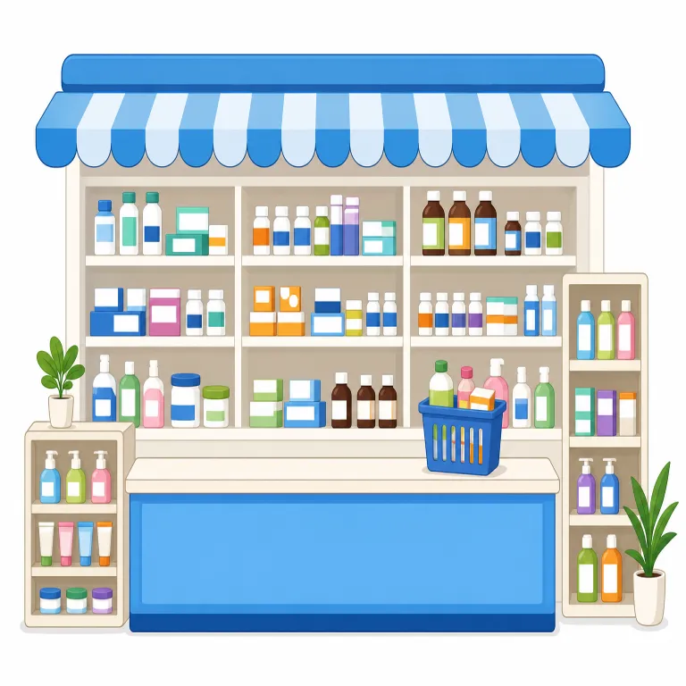 drugstore（薬局・名詞）の覚え方イラスト — store が「店」と分かれば、drugstore はまず「drug を売る店」で全体像が取れる
