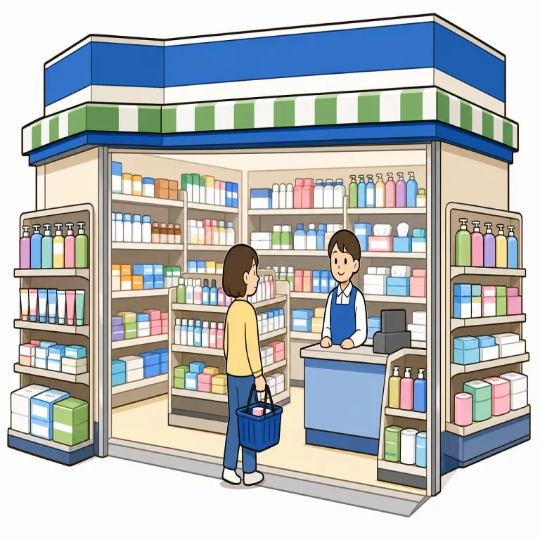 drugstore（ドラッグストア・noun）の覚え方イラスト