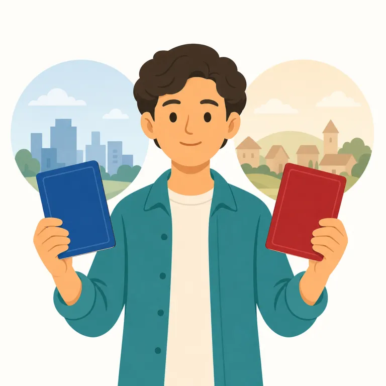 dual citizenship（二重国籍・名詞）の覚え方イラスト — この項目では dual citizenship を法律・行政上の名詞として、二つの国で市民として扱われる身分を指す語として覚えます