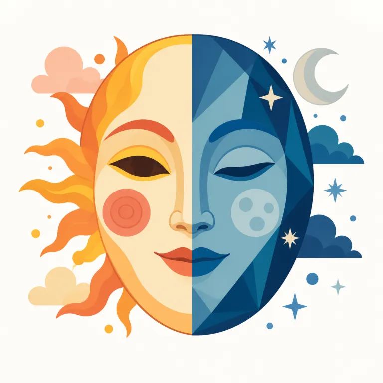 dualistic（二元論的な・形容詞）の覚え方イラスト — この意味の dualistic は、単に「二重性のある」と言うだけでなく、世界や人間を二つの根本原理に分けて説明する思想・見方を指します