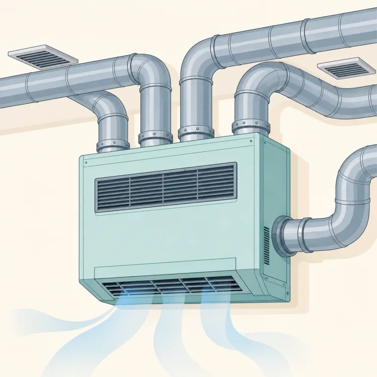 ducted（ダクト付き・形容詞）の覚え方イラスト — この意味の ducted は、装置やシステムが「ダクトを備えている」状態を表します