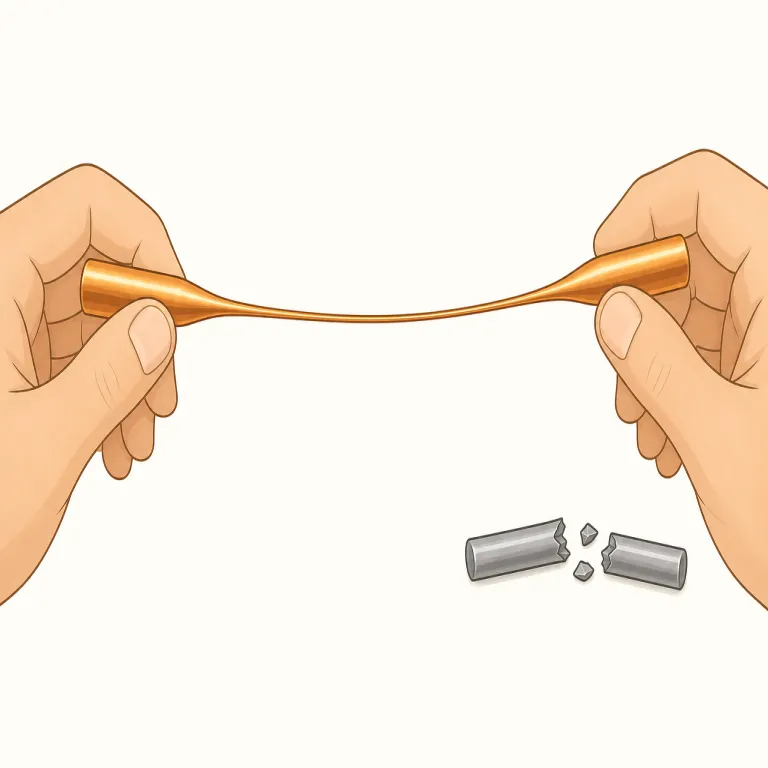 ductile（延性のある・形容詞）の覚え方イラスト — まず brittle（もろい）と対にして覚えると定着しやすい語です