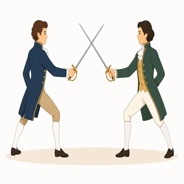 duelling（決闘・名詞）の覚え方イラスト — まず基礎語の duel を「1対1で決着をつける争い」と押さえると、duelling はその行為全体を指す名詞だと取りやすいです