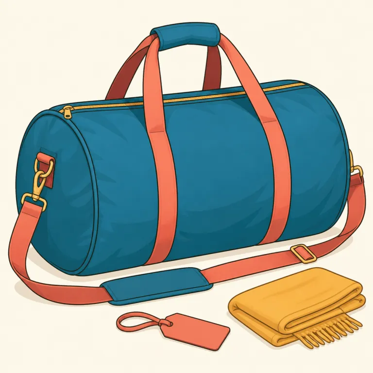 duffel（ダッフルバッグ、円筒形の大型旅行かばん・名詞）の覚え方イラスト — まず duffel bag という固まりで覚えるのが近道