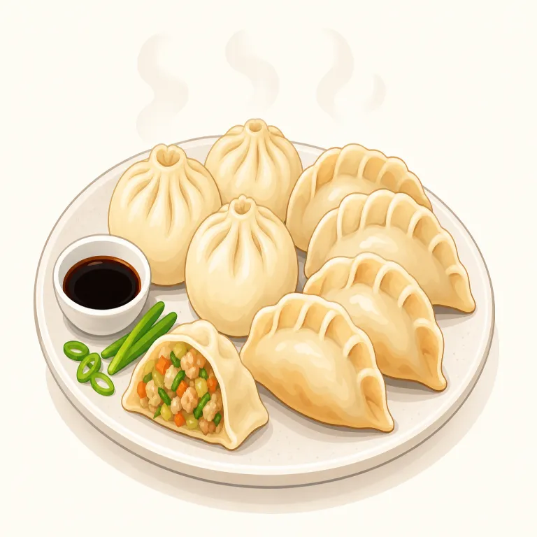 dumpling（団子、ギョーザ類・名詞）の覚え方イラスト — まず「gyozaの英訳」ではなく、もっと広い食べ物名だと押さえると残りやすいです