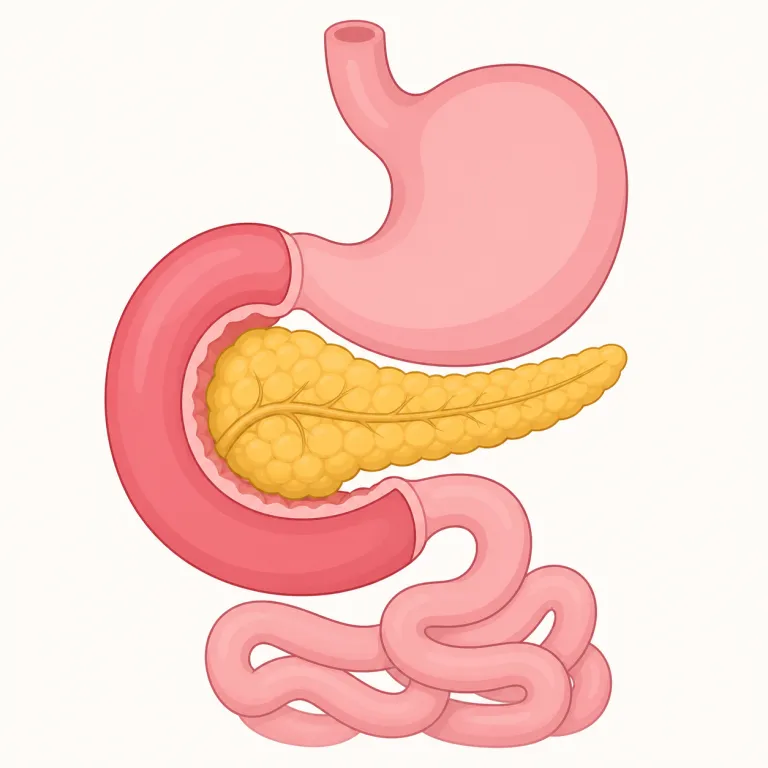 duodenum（十二指腸・名詞）の覚え方イラスト — 単独では覚えにくいので、消化管の並びで固定すると残りやすい語です