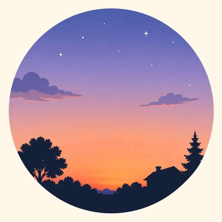dusk（夕暮れ・名詞）の覚え方イラスト — dusk は「夕暮れ」として、夜そのものではなく、日が沈む前後に光が弱まり、街灯がつき始めるような薄暗い時間帯を思い浮かべると定着します