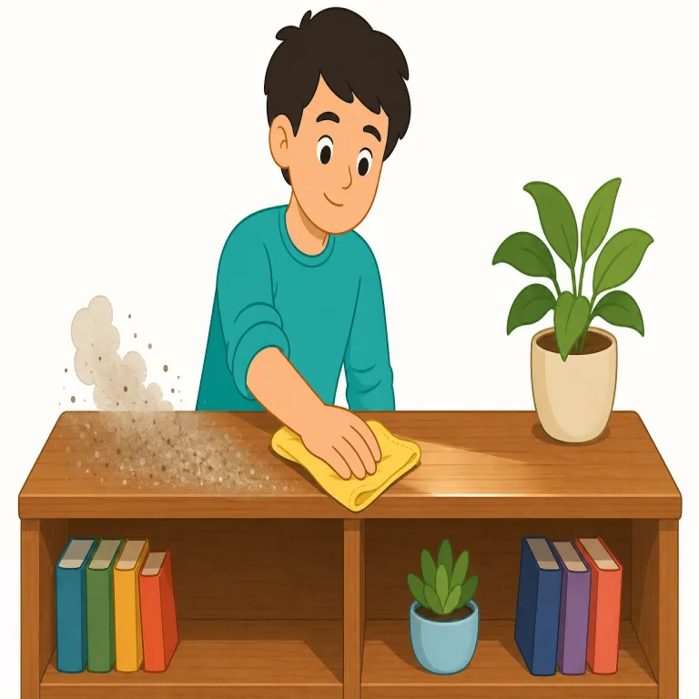 dust（ほこりを払う、拭く・動詞）の覚え方イラスト — dust はまず名詞の「ほこり」を知っておき、その名詞がそのまま動詞になって「ほこりを払う」になったと覚えると定着しやすいです