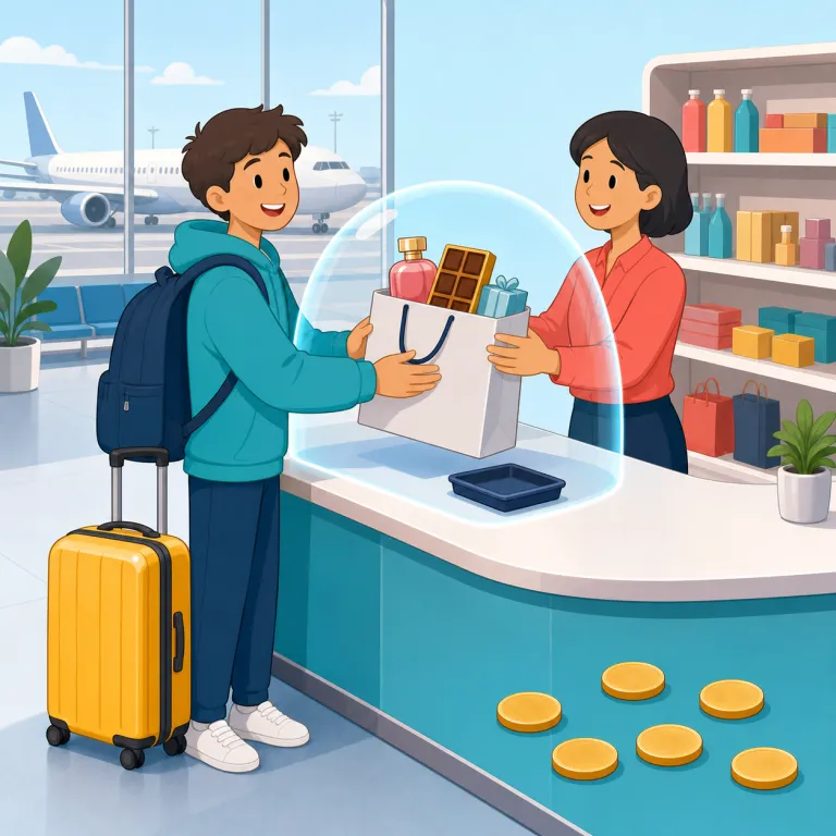 duty-free（免税の・形容詞）の覚え方イラスト — duty には「義務」だけでなく「関税」という意味もあり、free は「無料の」ではなく「〜がない」を表します