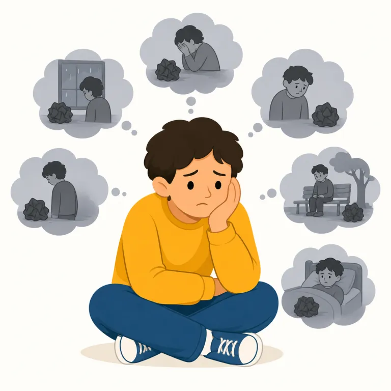 dwell on（くよくよ考える・句動詞）の覚え方イラスト — `dwell` は「とどまる・居続ける」感覚の語として覚えると、`dwell on` は「ある話題の上に意識が居座る」→「くよくよ考え続ける」とつながります