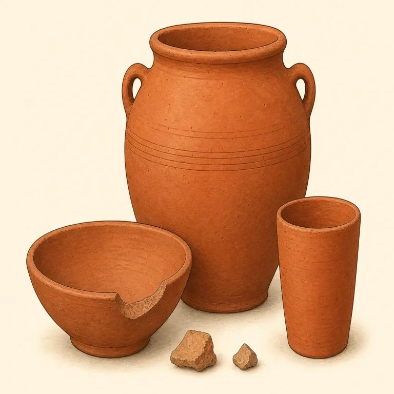 earthenware（土器、素焼きの陶器・名詞）の覚え方イラスト — earth と ware を見て、「土の用品」という絵をまず頭に置くと覚えやすいです