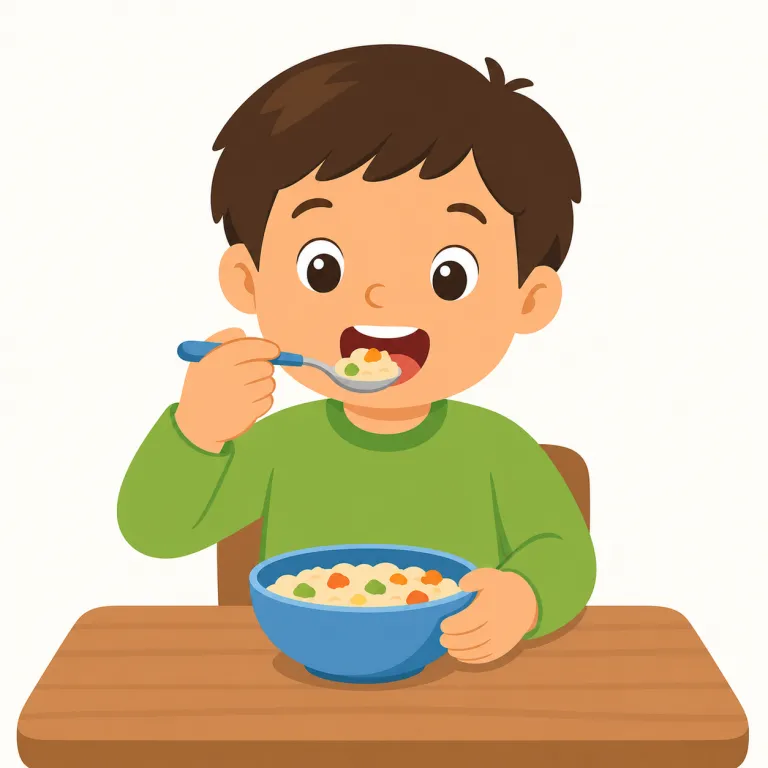 eat（食べる・動詞）の覚え方イラスト — eat は、食べ物を口に入れて噛み、飲み込む一連の動作として覚えます