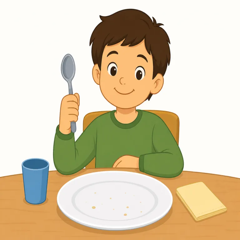 eat up（平らげる・句動詞）の覚え方イラスト — eat up は、皿の上の食べ物を最後まで残さず食べる意味で覚えます